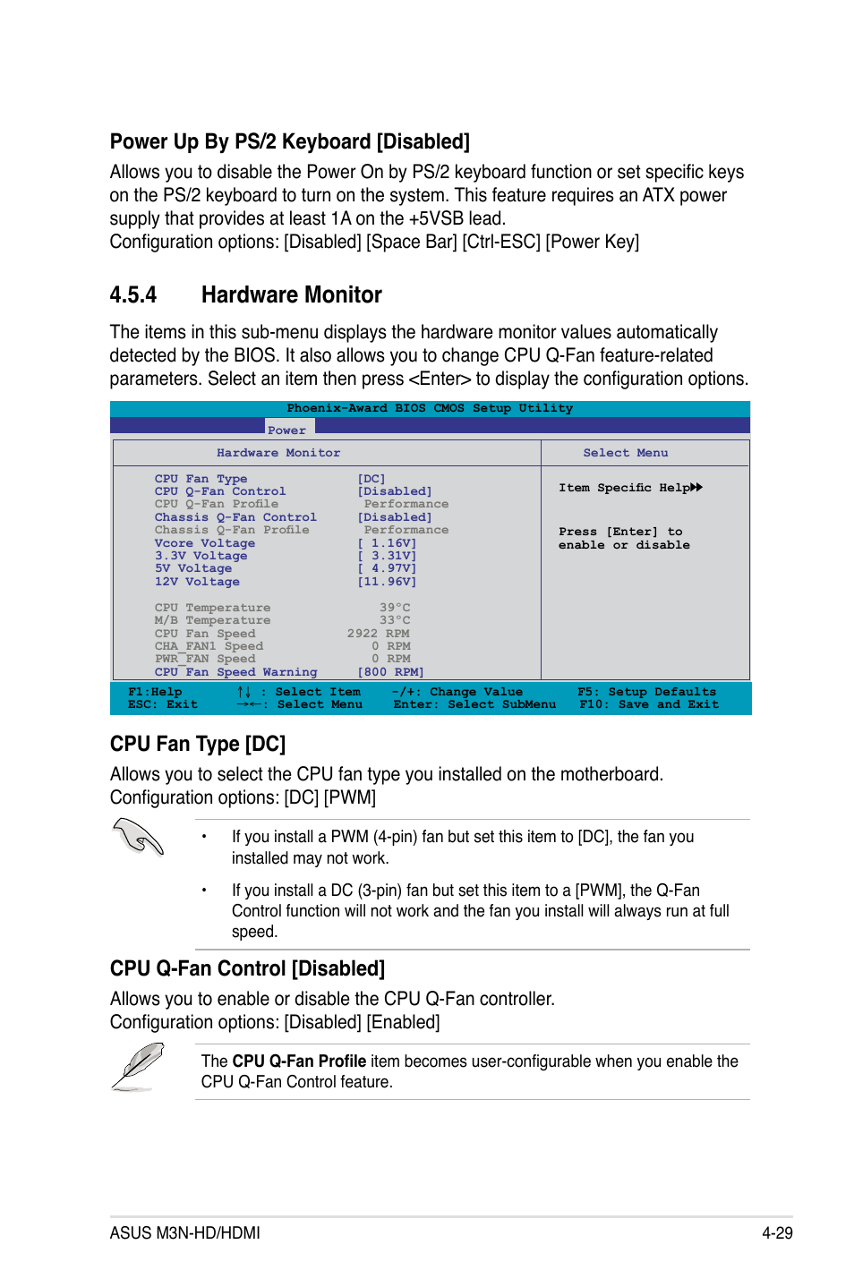 4 hardware monitor, Hardware monitor -29, Cpu fan type [dc | Cpu q-fan control [disabled, Power up by ps/2 keyboard [disabled | Asus M3N-HD User Manual | Page 97 / 164