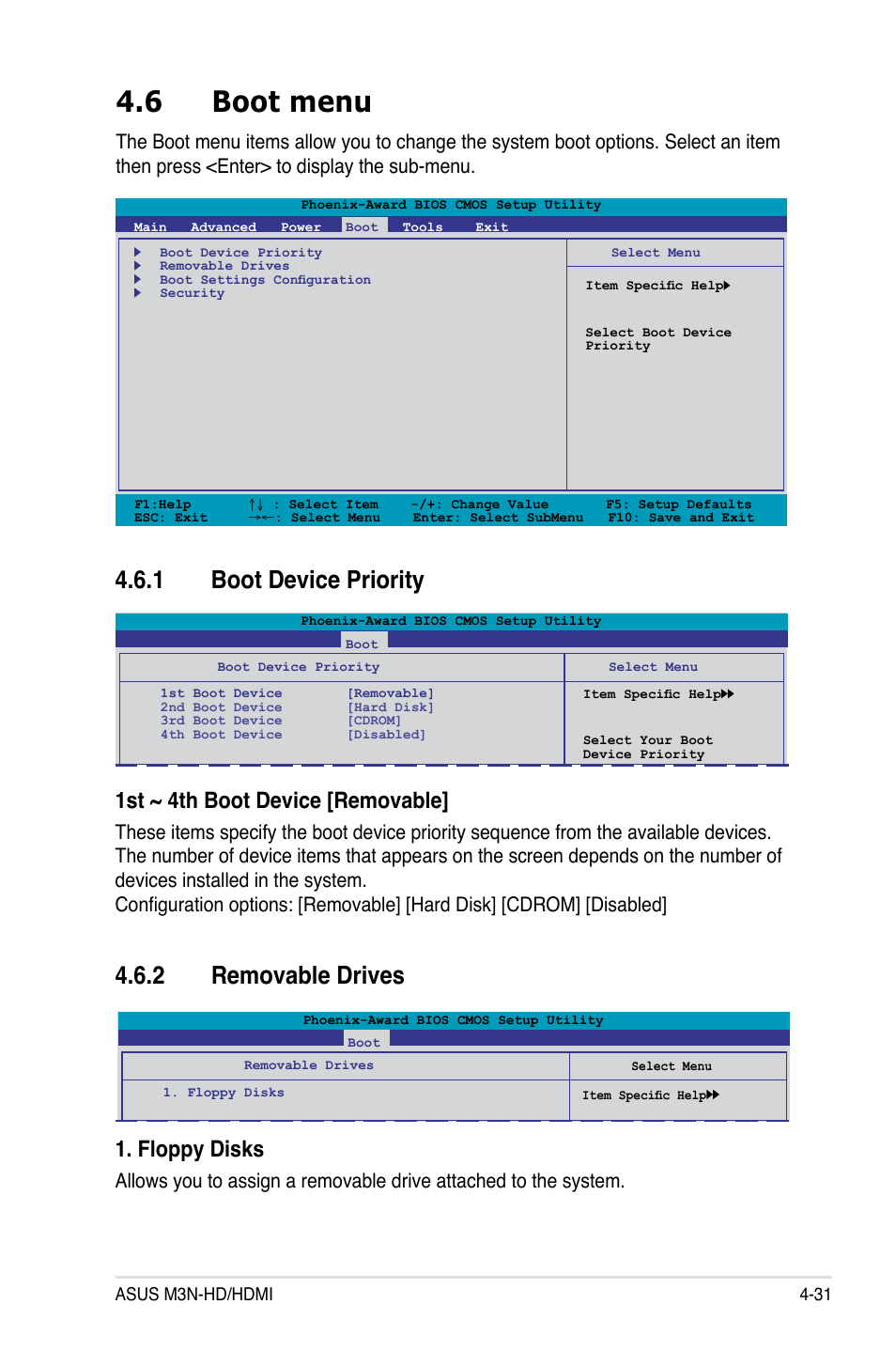 6 boot menu, 1 boot device priority, 2 removable drives | Boot menu -31 4.6.1, Boot device priority -31, Removable drives -31, 1st ~ 4th boot device [removable, Floppy disks | Asus M3N-HD User Manual | Page 99 / 164