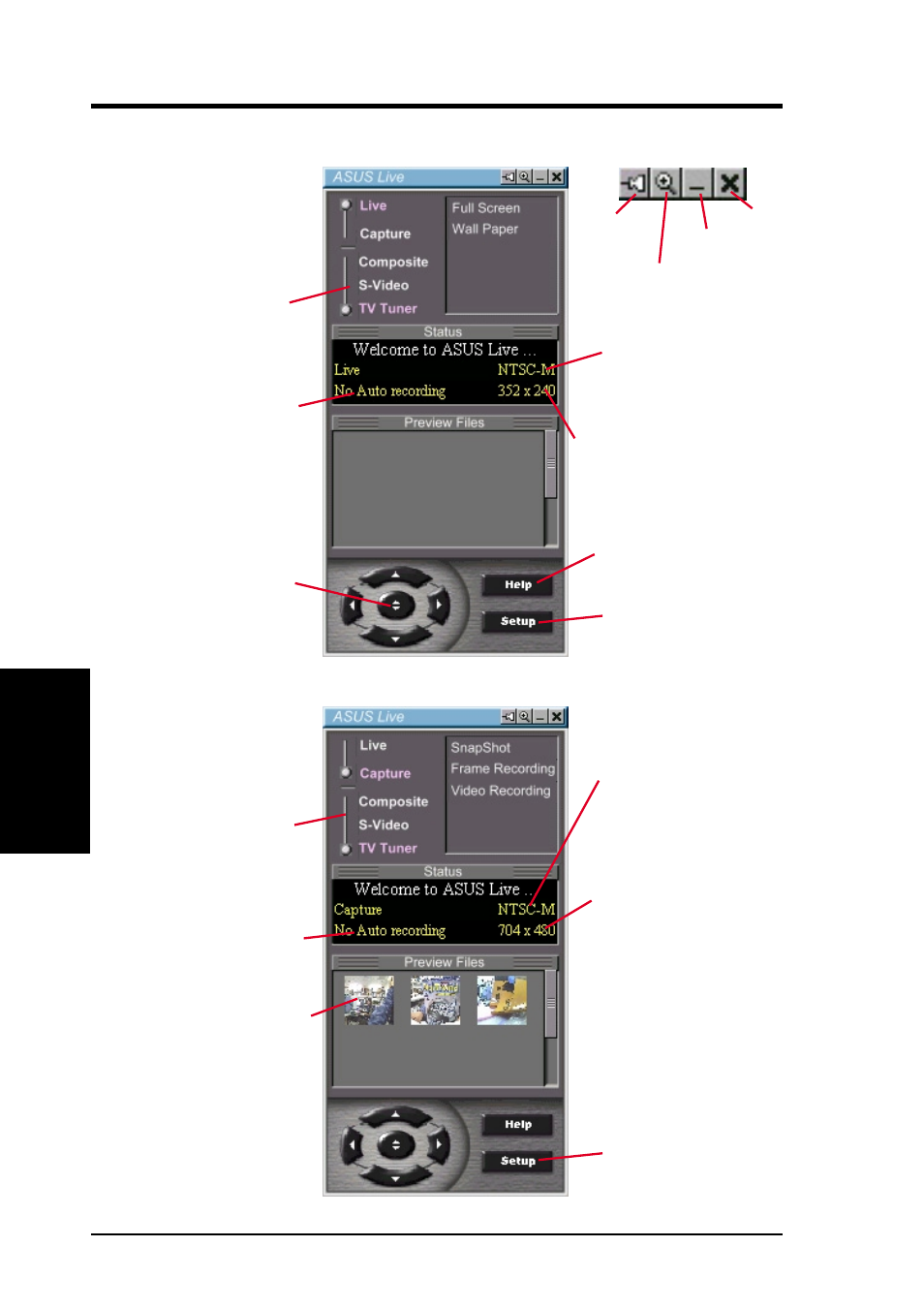 Iv. software reference, Asus live control panel, Live mode | Capture mode, Iv . s/w reference asus live, Click capture to switch to capture mode), Click live to switch to live mode) | Asus GIGATEXEL SHADER GRAPHICS CARD V7700 User Manual | Page 68 / 88