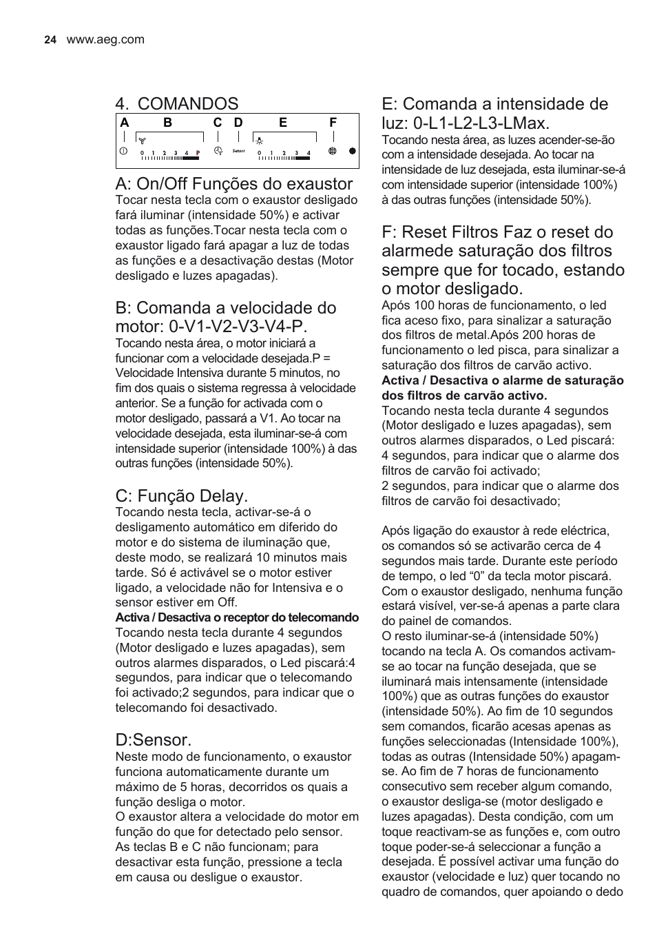 Comandos, A: on/off funções do exaustor, C: função delay | D:sensor, E: comanda a intensidade de luz: 0-l1-l2-l3-lmax | AEG X92384MI01 User Manual | Page 24 / 128