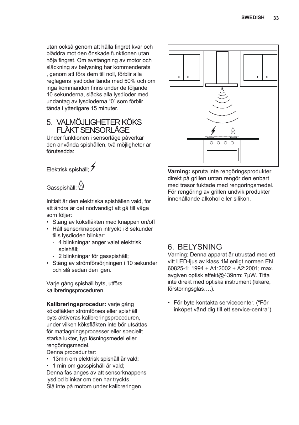 Valmöjligheter köks fläkt sensorläge, Belysning | AEG X92384MI01 User Manual | Page 33 / 128