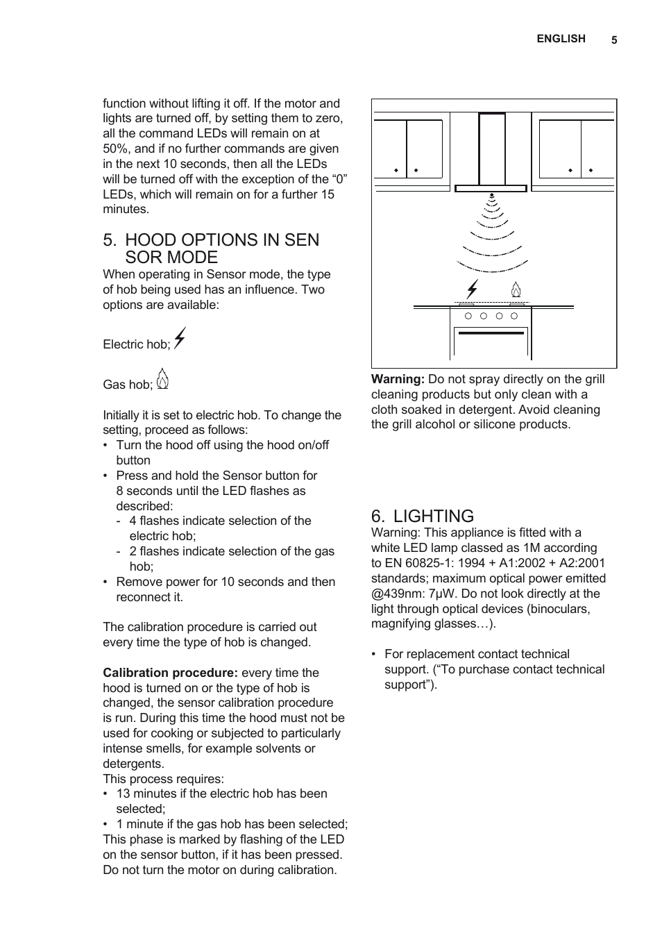Hood options in sen sor mode, Lighting | AEG X92384MI01 User Manual | Page 5 / 128