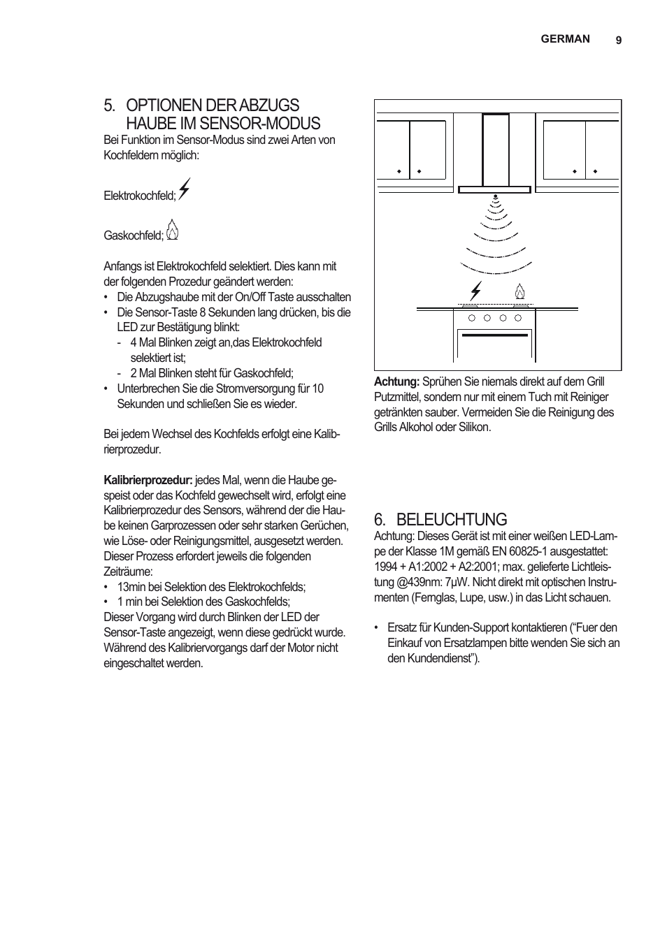 Optionen der abzugs haube im sensor-modus, Beleuchtung | AEG X92384MI01 User Manual | Page 9 / 128