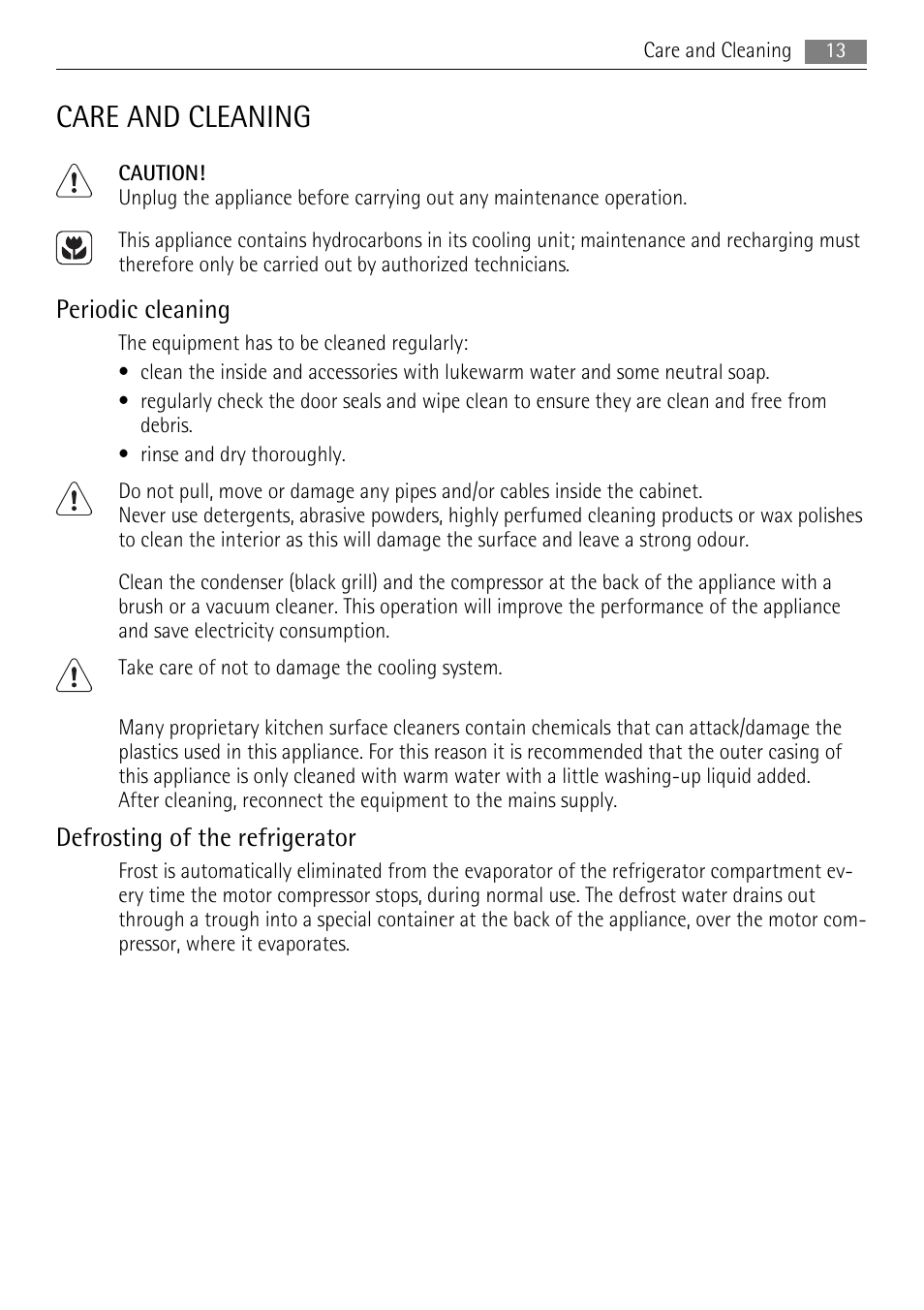 Care and cleaning, Periodic cleaning, Defrosting of the refrigerator | AEG AGS77200F0 User Manual | Page 13 / 72