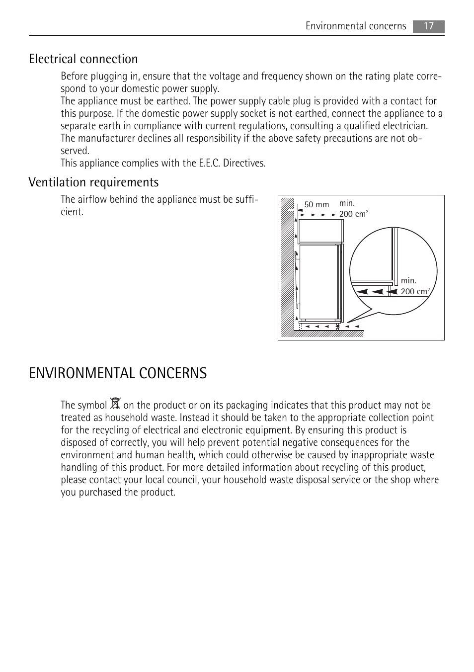 Environmental concerns, Electrical connection, Ventilation requirements | AEG AGS77200F0 User Manual | Page 17 / 72