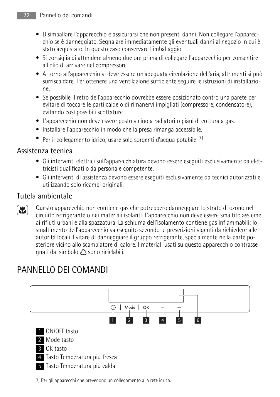 Pannello dei comandi, Assistenza tecnica, Tutela ambientale | AEG AGS77200F0 User Manual | Page 22 / 72