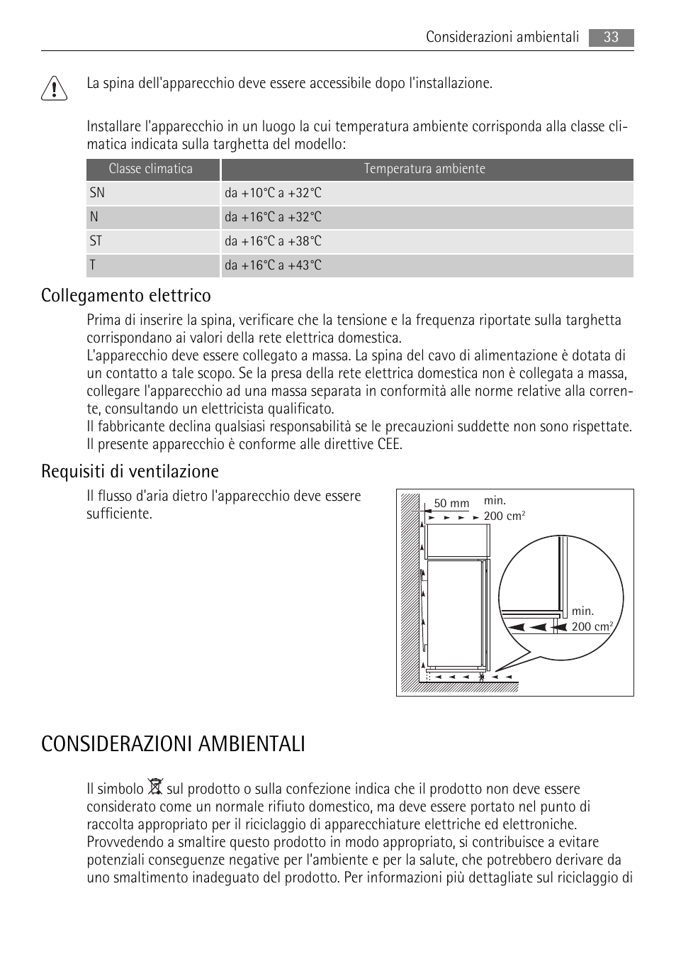 Considerazioni ambientali, Collegamento elettrico, Requisiti di ventilazione | AEG AGS77200F0 User Manual | Page 33 / 72