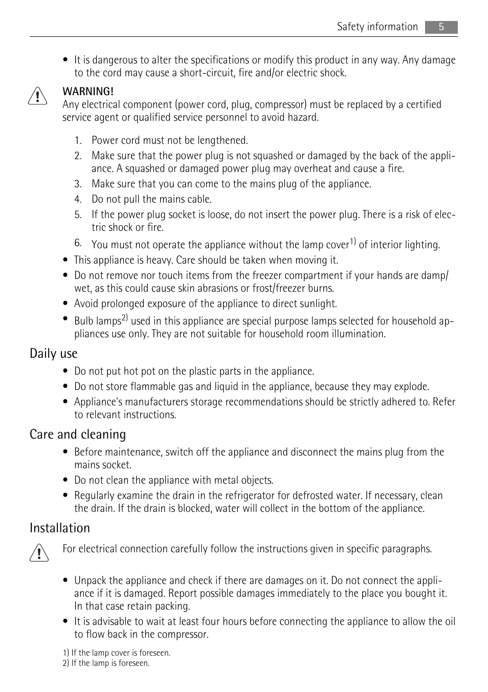 Daily use, Care and cleaning, Installation | AEG AGS77200F0 User Manual | Page 5 / 72