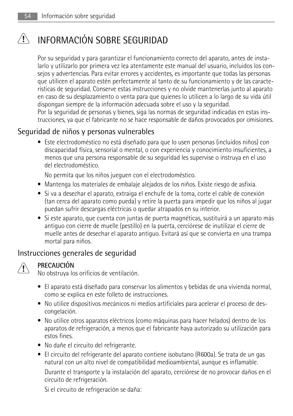 Información sobre seguridad, Seguridad de niños y personas vulnerables, Instrucciones generales de seguridad | AEG AGS77200F0 User Manual | Page 54 / 72