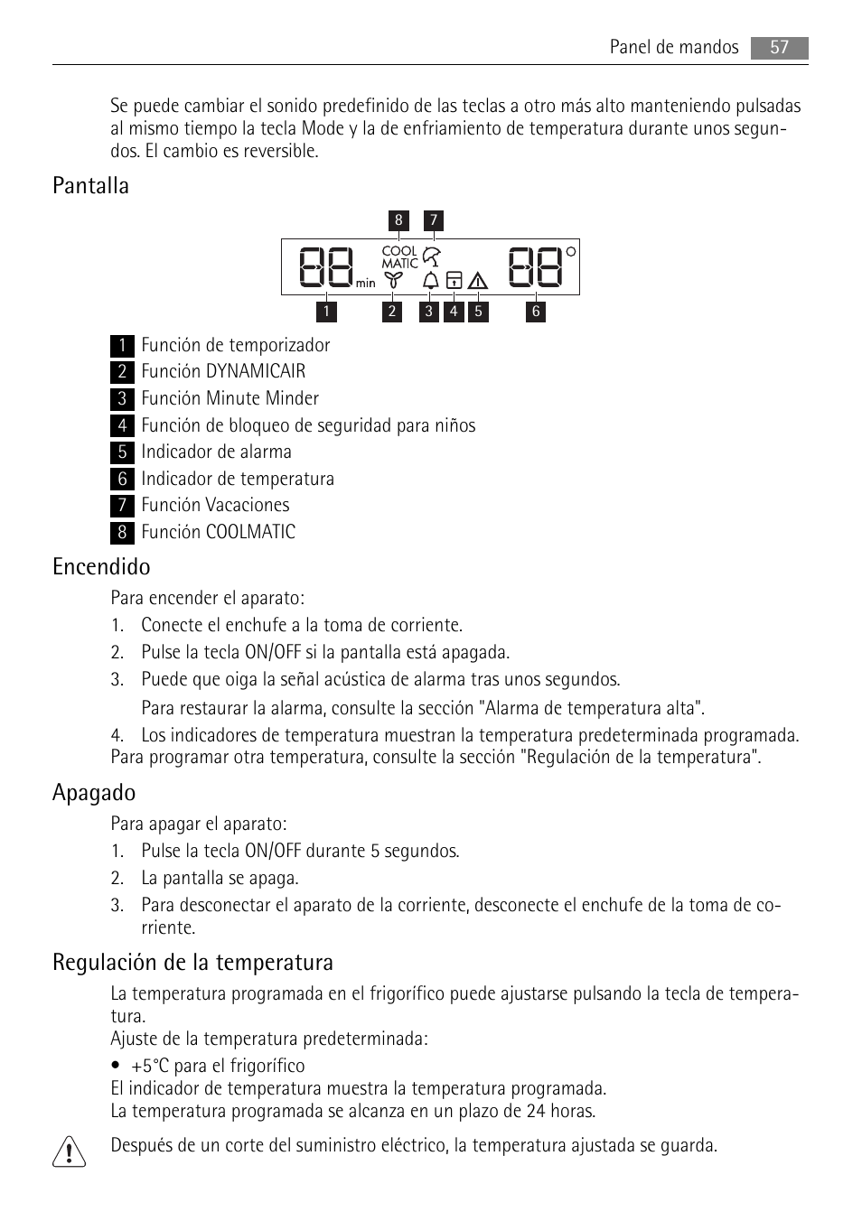 Pantalla, Encendido, Apagado | Regulación de la temperatura | AEG AGS77200F0 User Manual | Page 57 / 72