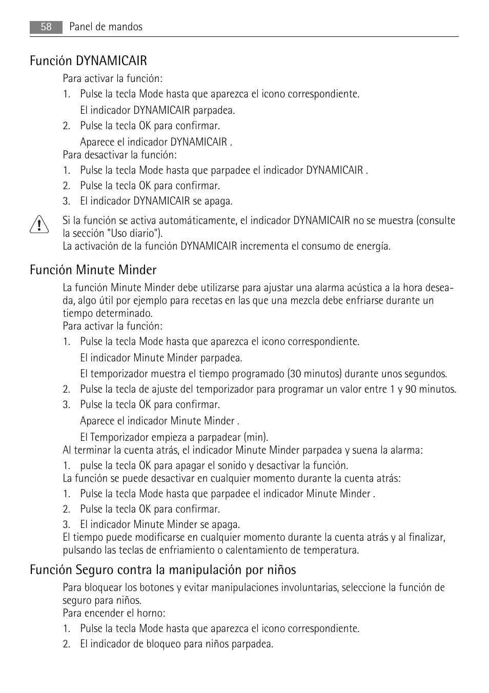 Función dynamicair, Función minute minder, Función seguro contra la manipulación por niños | AEG AGS77200F0 User Manual | Page 58 / 72