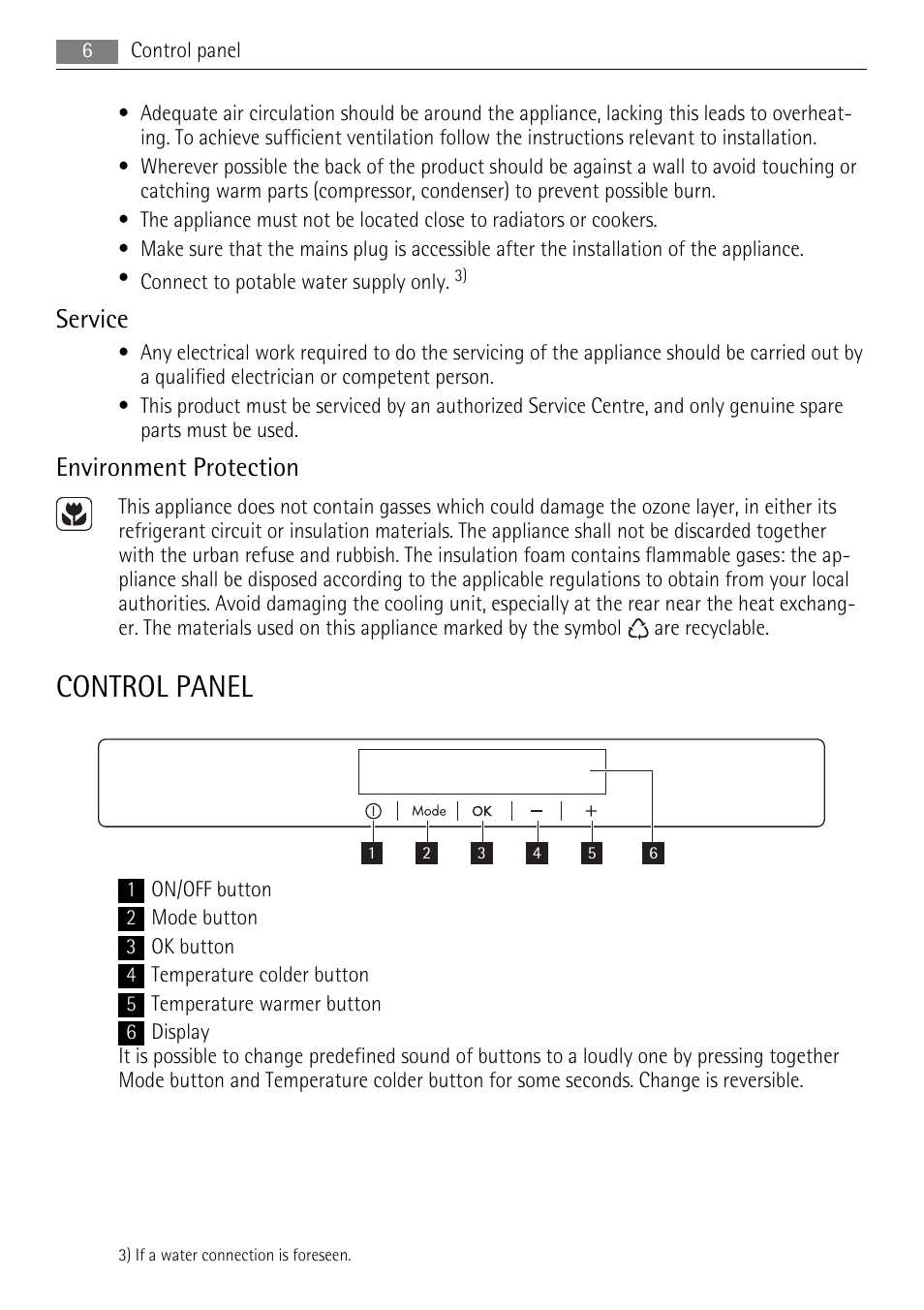 Control panel, Service, Environment protection | AEG AGS77200F0 User Manual | Page 6 / 72
