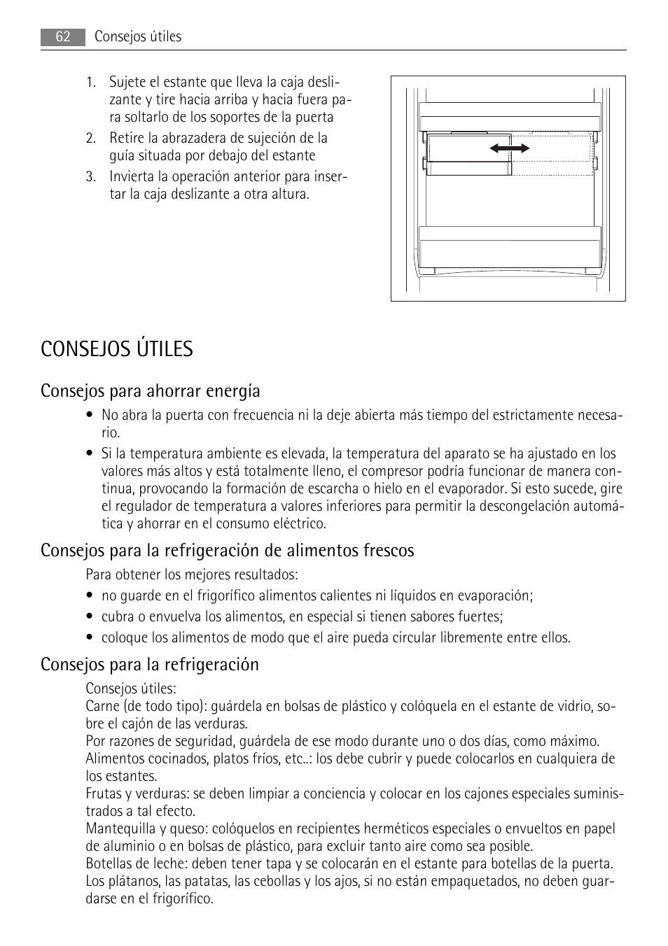 Consejos útiles, Consejos para ahorrar energía, Consejos para la refrigeración | AEG AGS77200F0 User Manual | Page 62 / 72