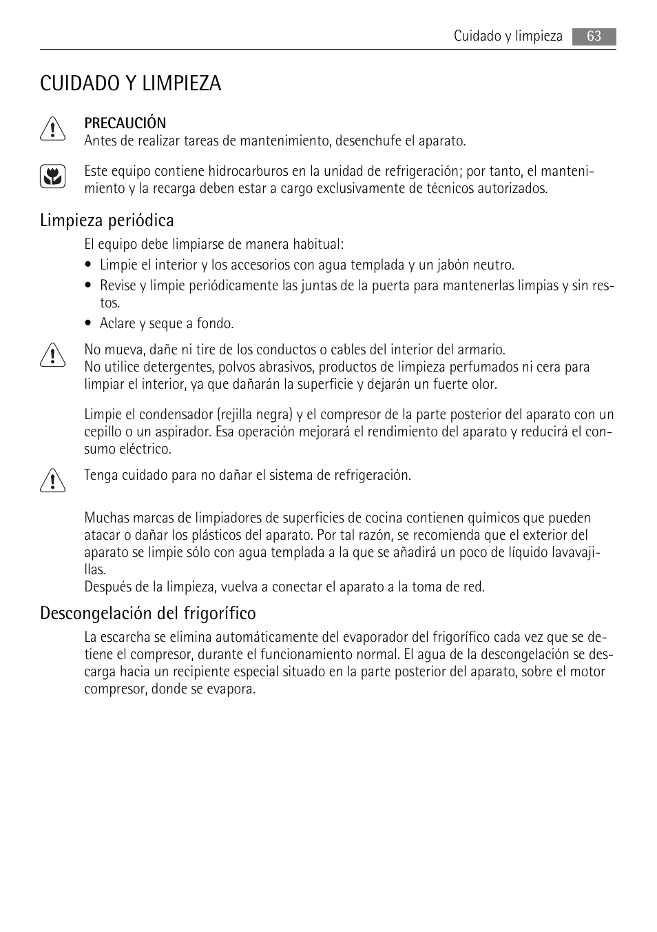 Cuidado y limpieza, Limpieza periódica, Descongelación del frigorífico | AEG AGS77200F0 User Manual | Page 63 / 72