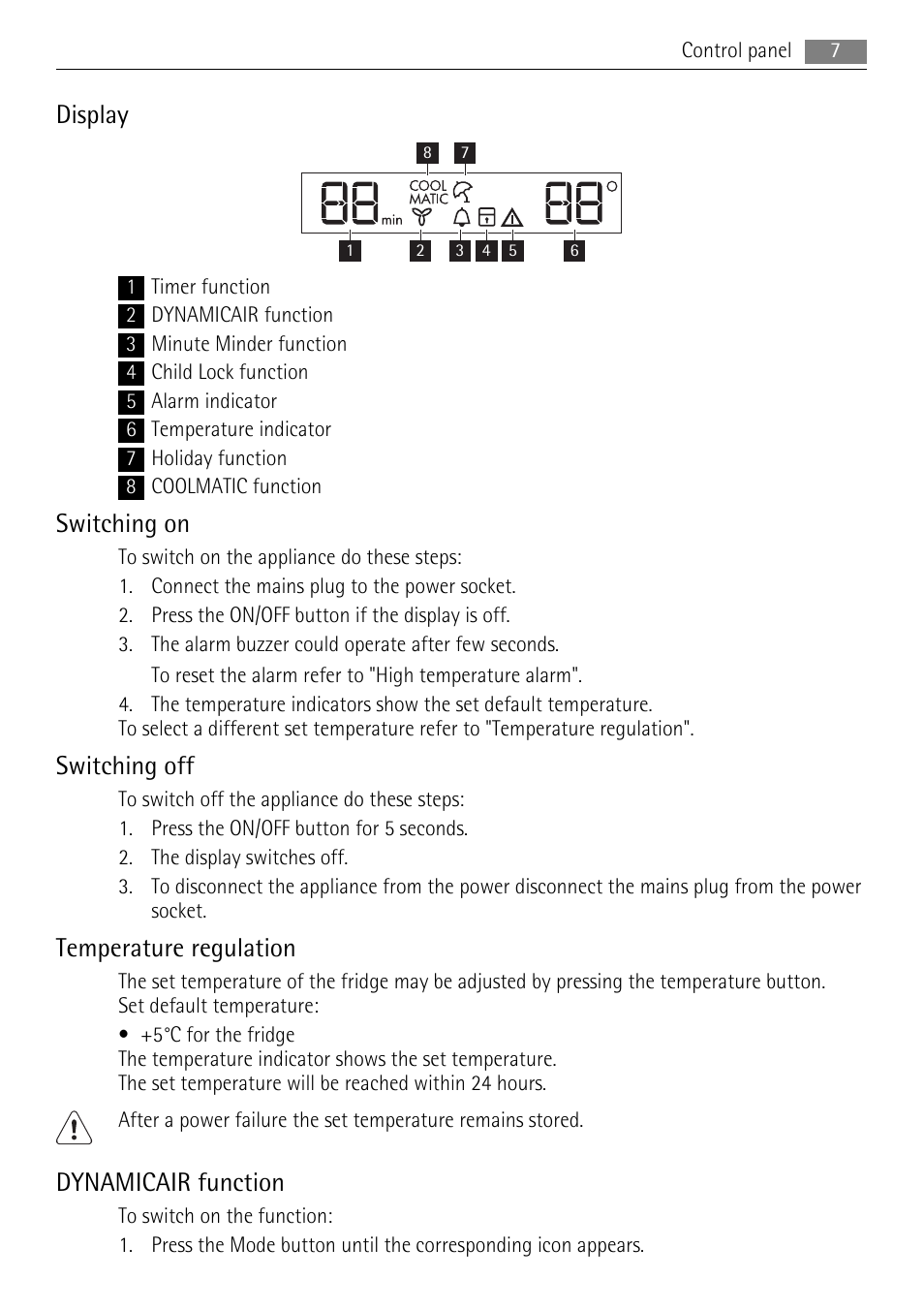 Display, Switching on, Switching off | Temperature regulation, Dynamicair function | AEG AGS77200F0 User Manual | Page 7 / 72