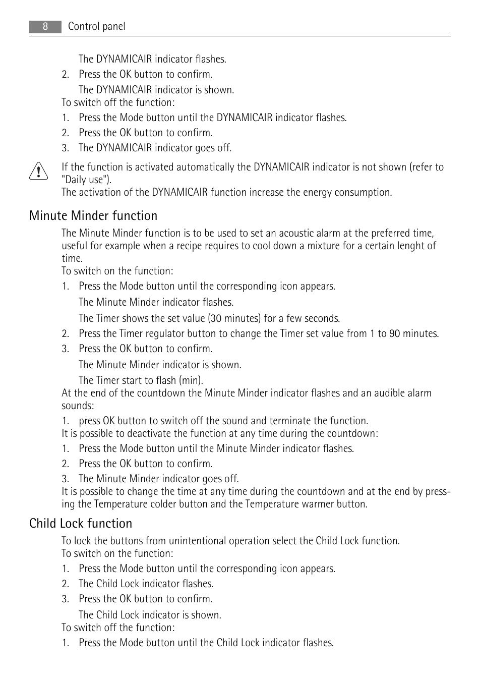 Minute minder function, Child lock function | AEG AGS77200F0 User Manual | Page 8 / 72