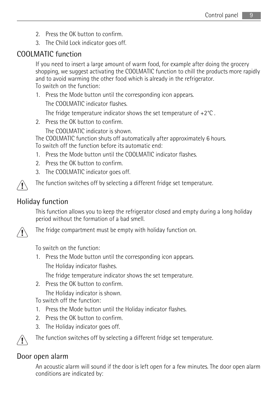 Coolmatic function, Holiday function, Door open alarm | AEG AGS77200F0 User Manual | Page 9 / 72