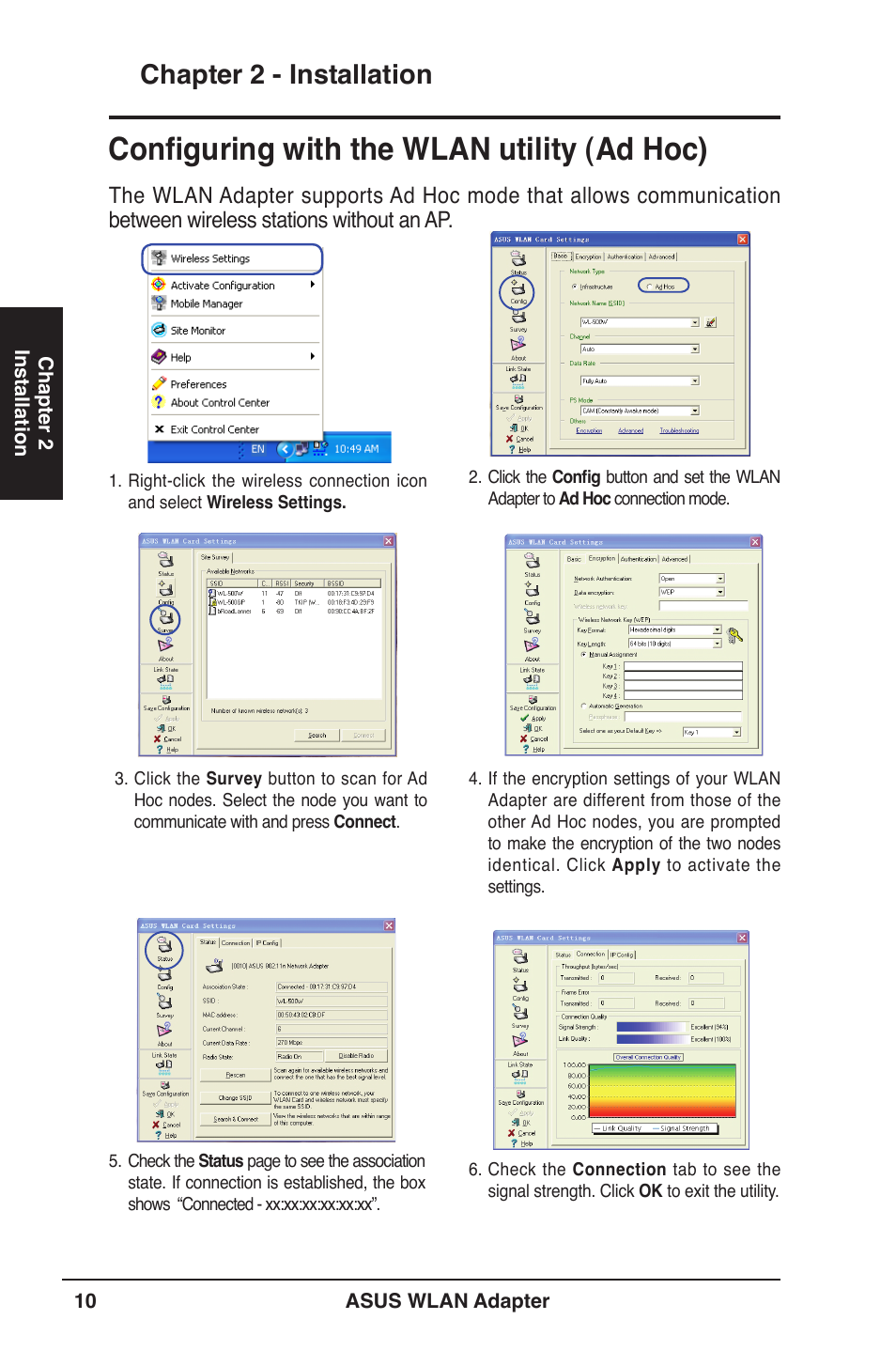 Configuring with the wlan utility (ad hoc), Chapter 2 - installation | Asus WL-160N User Manual | Page 10 / 39