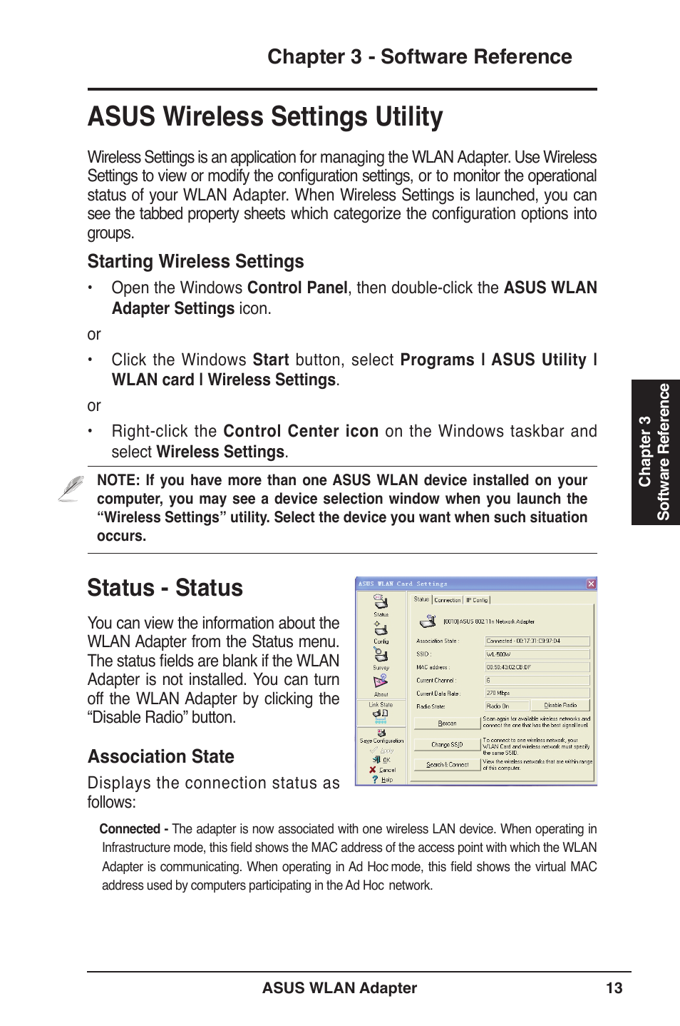 Asus wireless settings utility, Status - status, Chapter 3 - software reference | Association state, Starting wireless settings | Asus WL-160N User Manual | Page 13 / 39