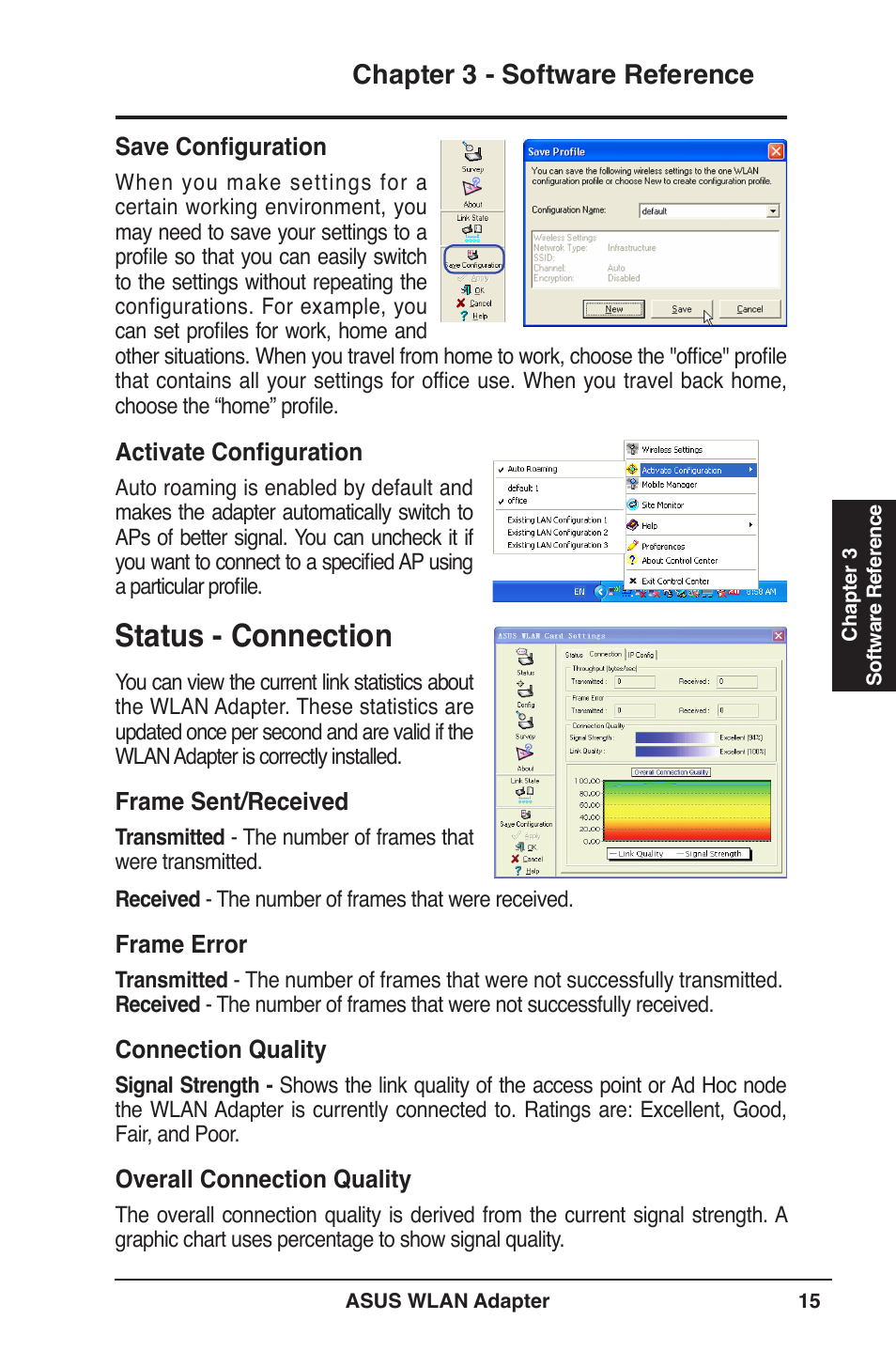 Status - connection, Chapter 3 - software reference | Asus WL-160N User Manual | Page 15 / 39