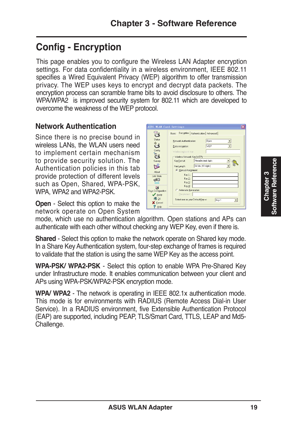 Config - encryption, Chapter 3 - software reference | Asus WL-160N User Manual | Page 19 / 39