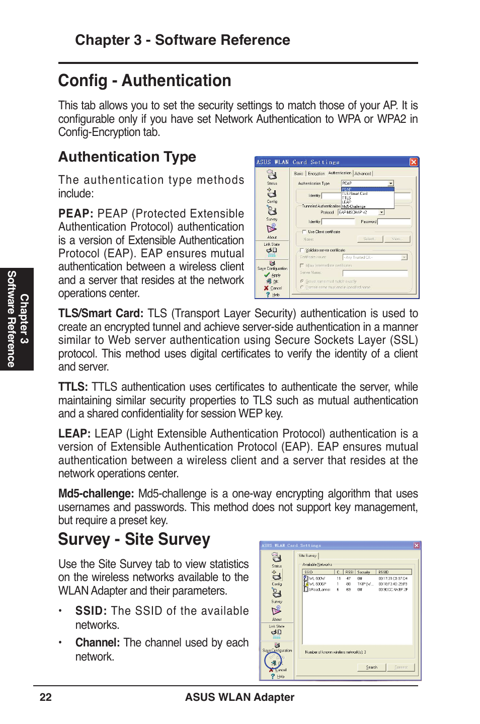 Survey - site survey, Config - authentication, Chapter 3 - software reference | Authentication type | Asus WL-160N User Manual | Page 22 / 39