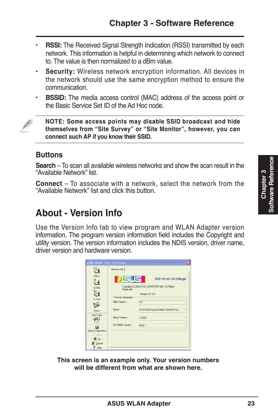 About - version info, Chapter 3 - software reference | Asus WL-160N User Manual | Page 23 / 39