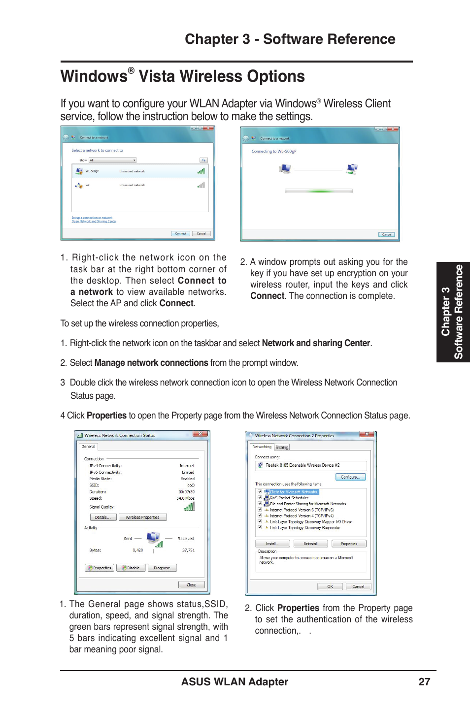 Windows, Vista wireless options, Chapter 3 - software reference | Asus WL-160N User Manual | Page 27 / 39