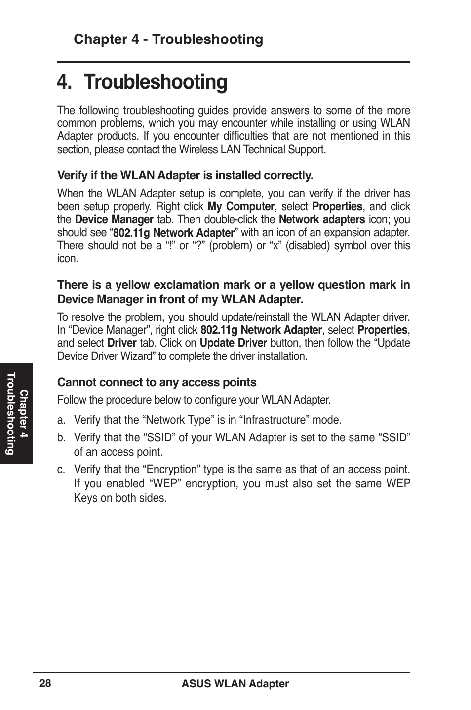 Troubleshooting, Chapter 4 - troubleshooting | Asus WL-160N User Manual | Page 28 / 39