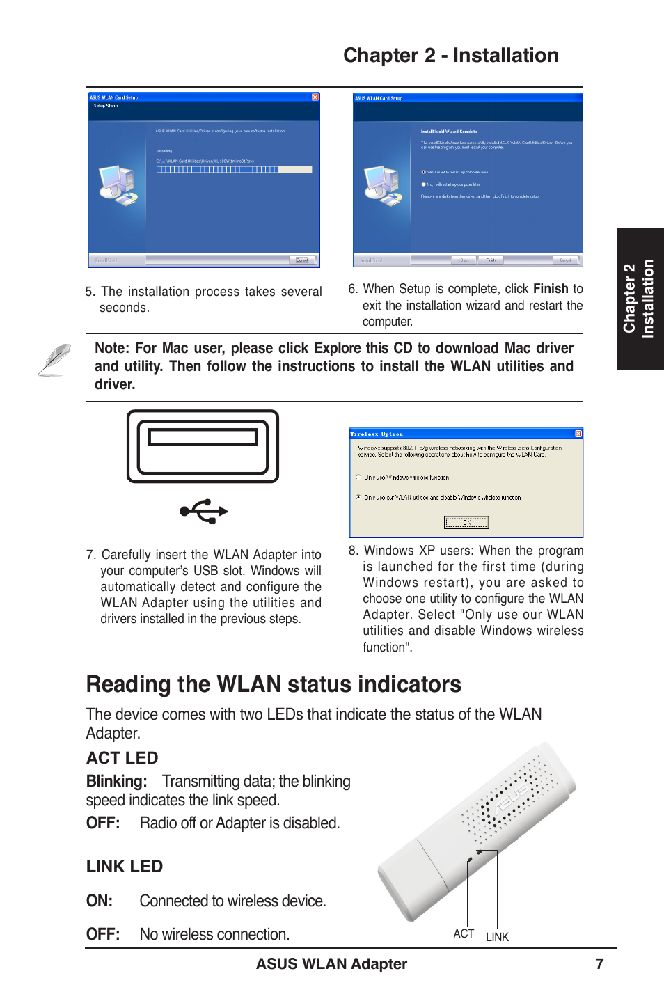 Reading the wlan status indicators, Chapter 2 - installation | Asus WL-160N User Manual | Page 7 / 39