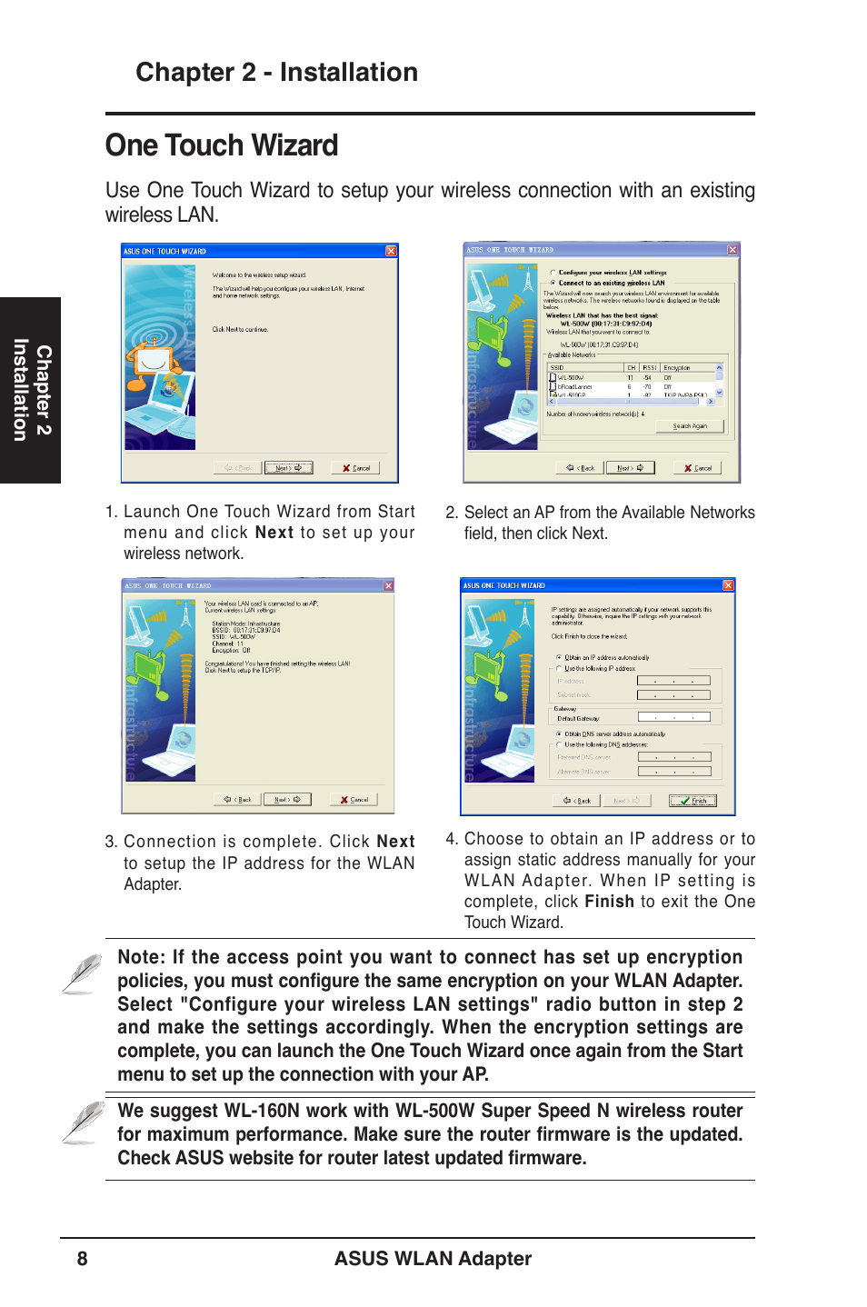 One touch wizard, Chapter 2 - installation | Asus WL-160N User Manual | Page 8 / 39