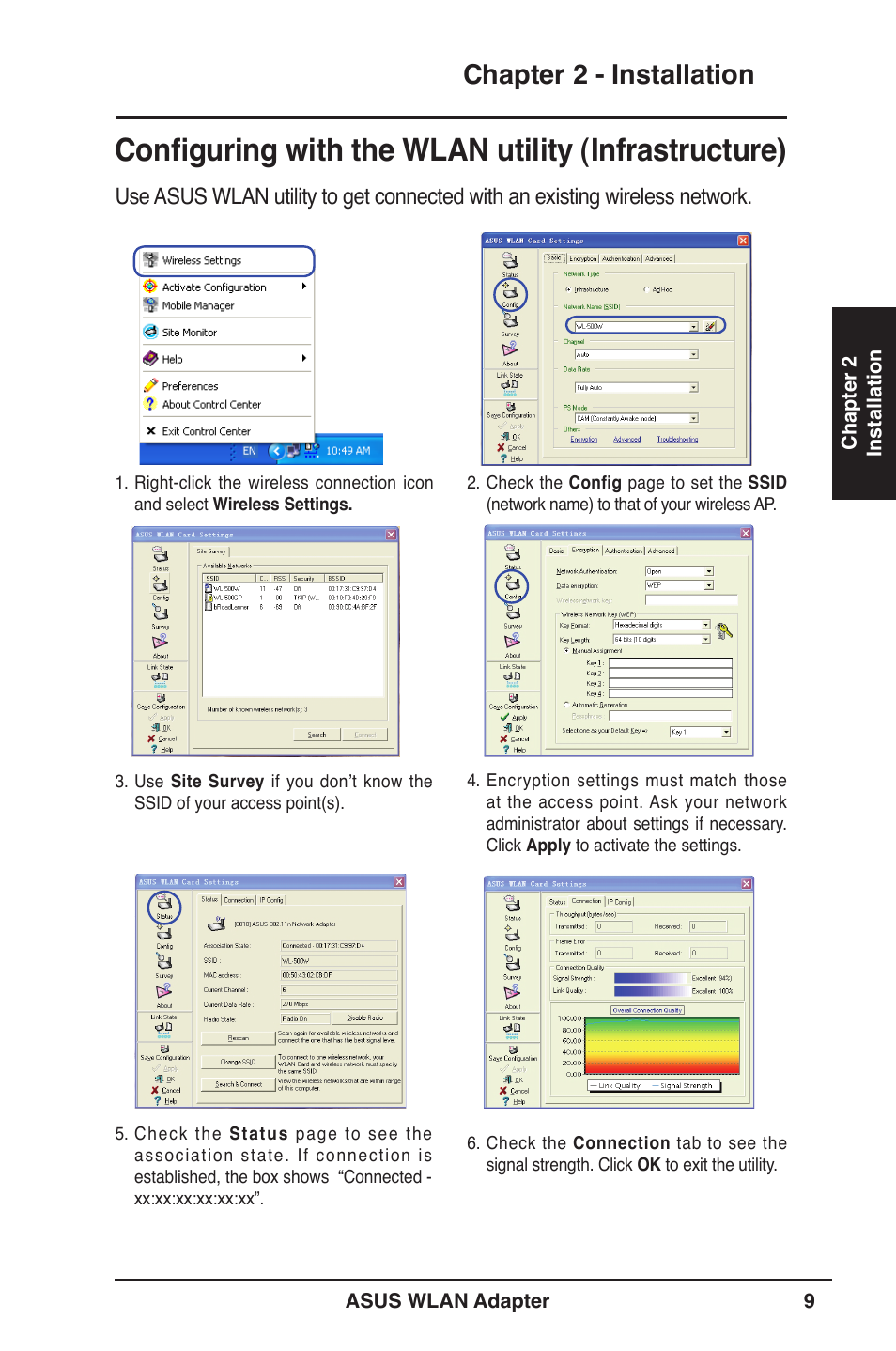 Configuring with the wlan utility (infrastructure), Chapter 2 - installation | Asus WL-160N User Manual | Page 9 / 39