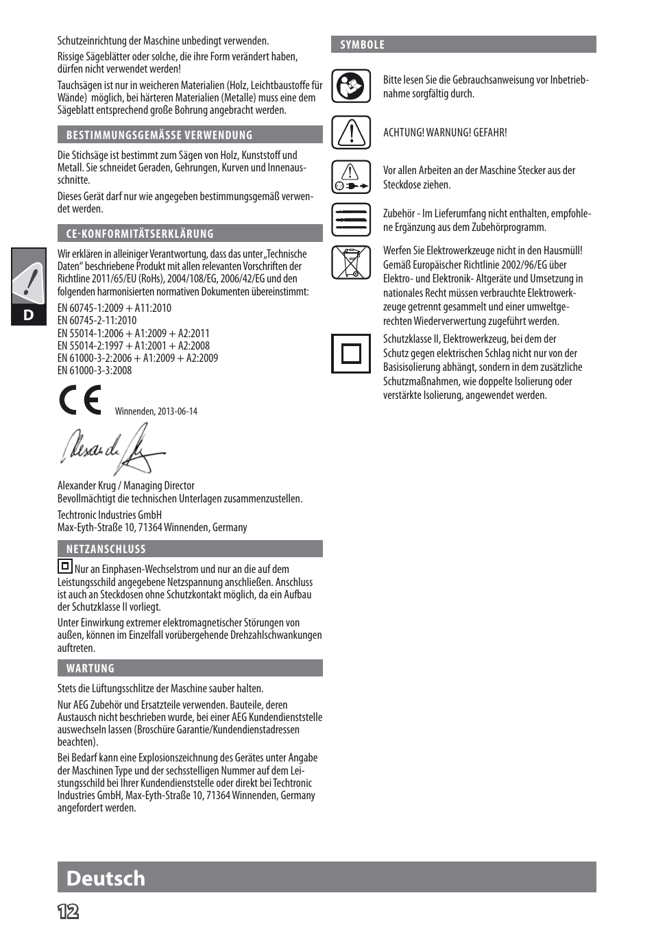 Deutsch | AEG PST 500 X User Manual | Page 16 / 67
