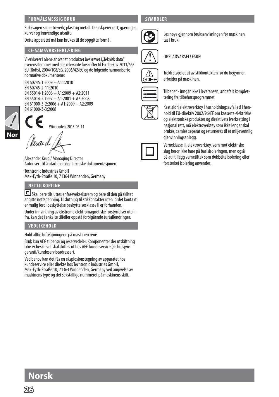Deutsch norsk | AEG PST 500 X User Manual | Page 30 / 67