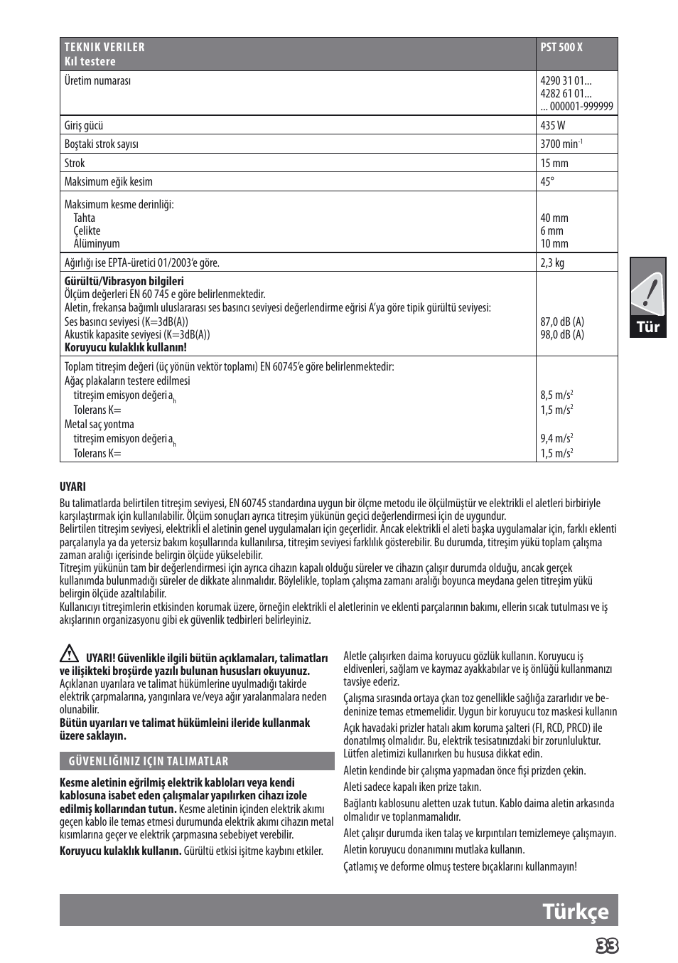 Deutsch, Türkçe | AEG PST 500 X User Manual | Page 37 / 67