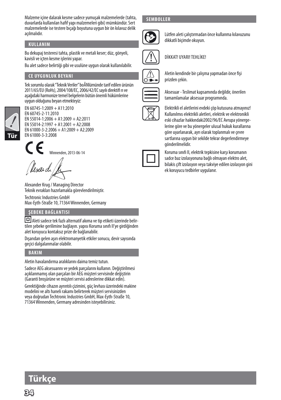 Deutsch türkçe | AEG PST 500 X User Manual | Page 38 / 67