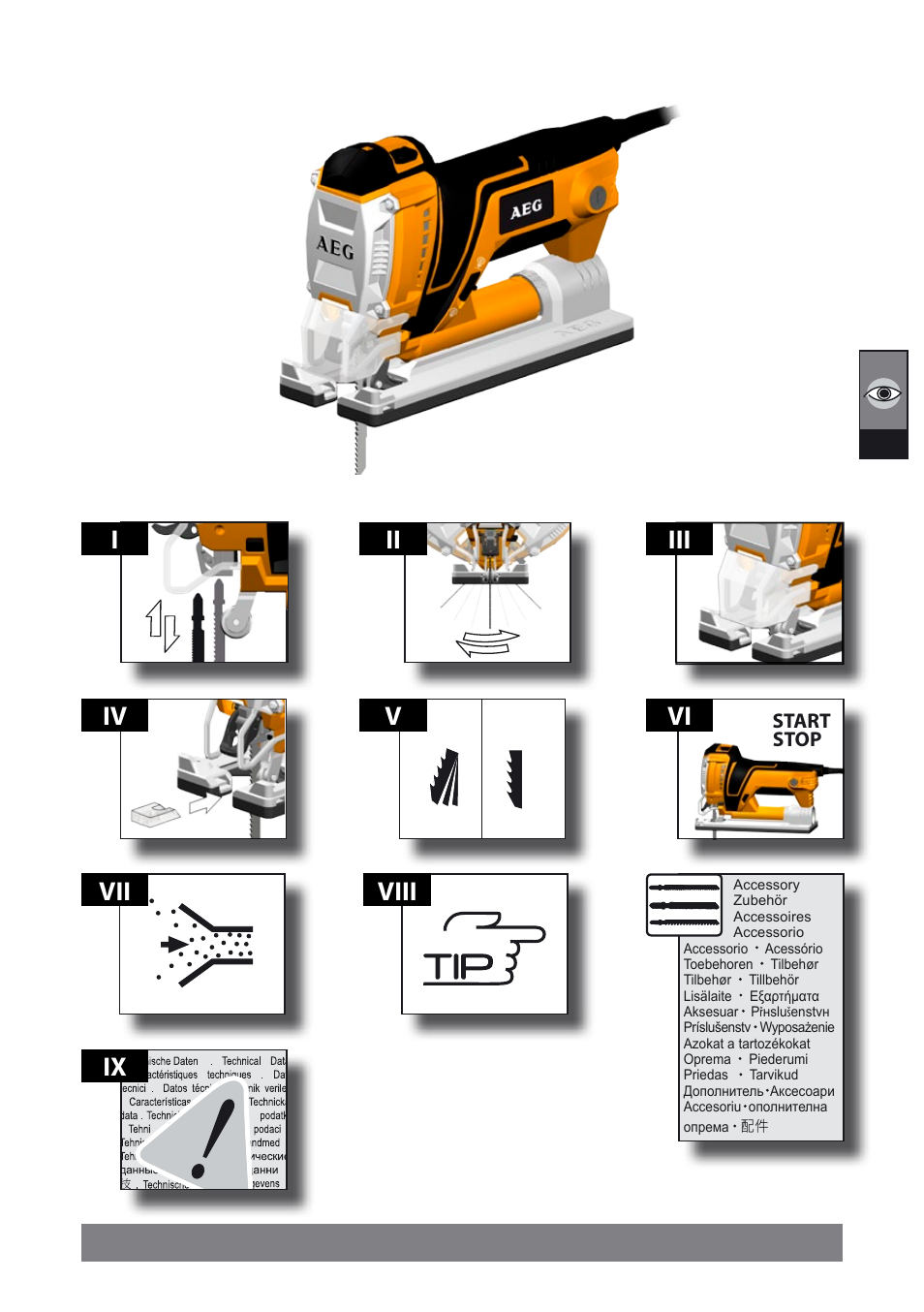 Vi vii viii, Iv ii iii ix i, Start stop | AEG PST 500 X User Manual | Page 4 / 67