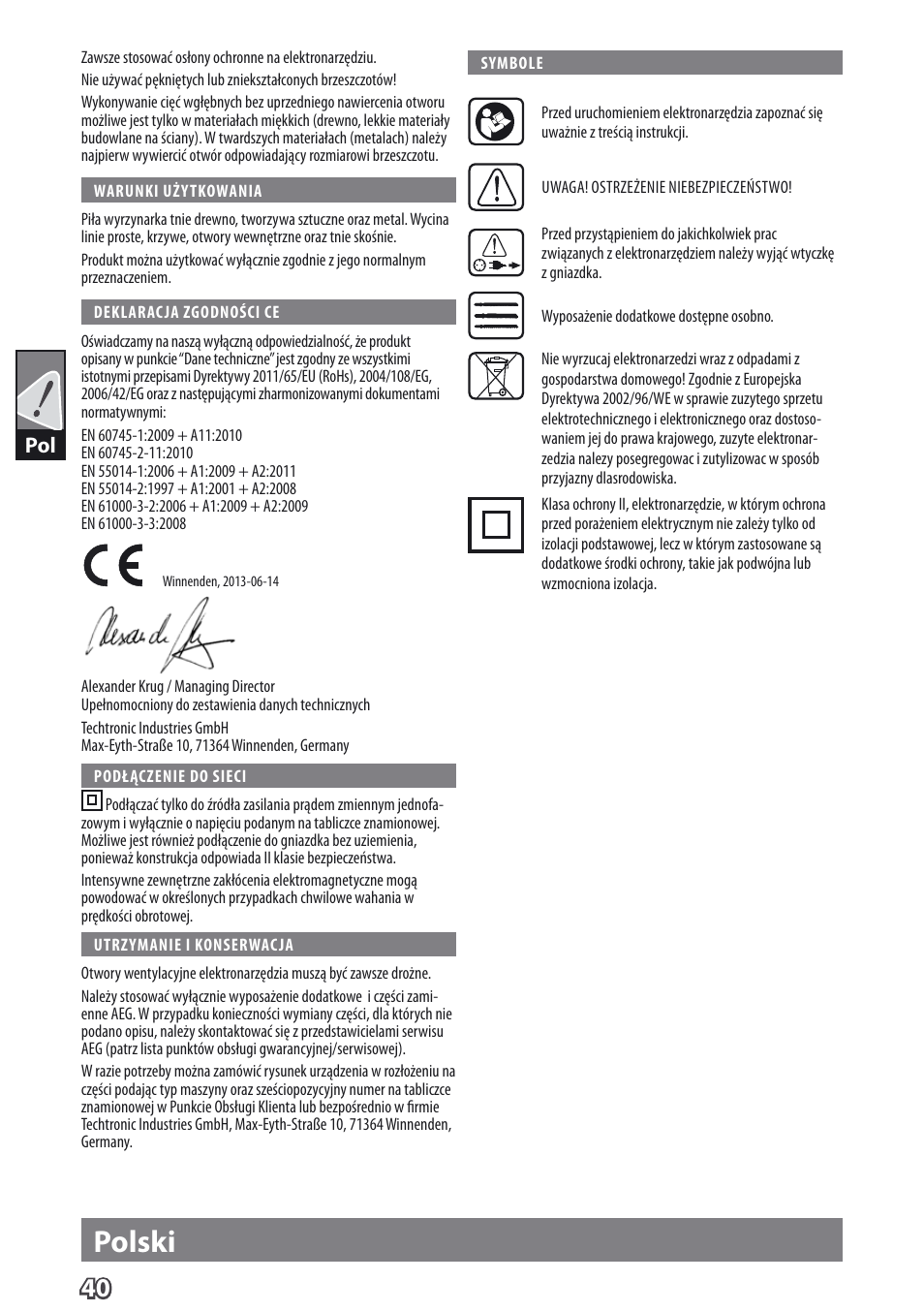 Deutsch polski | AEG PST 500 X User Manual | Page 44 / 67