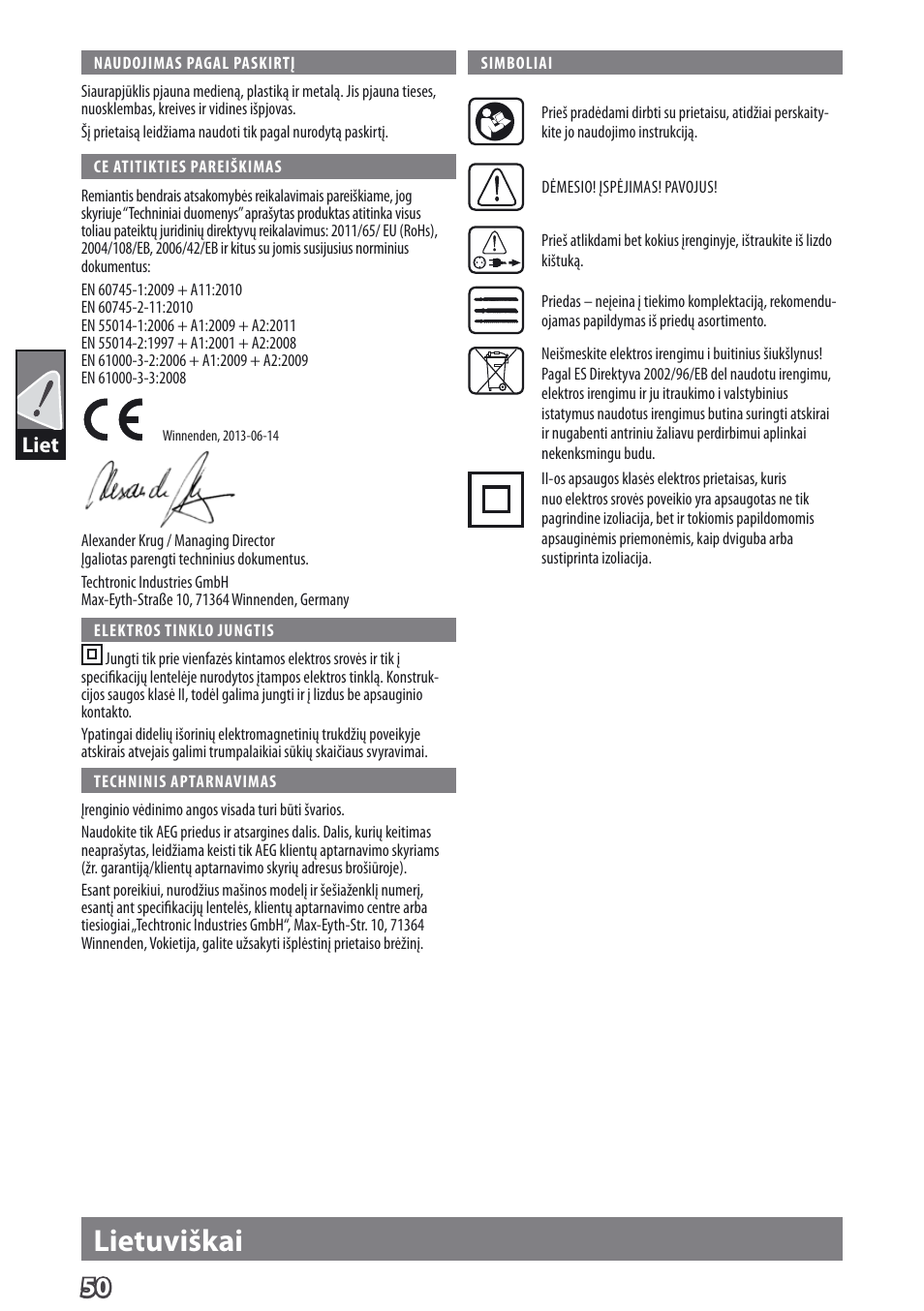 Deutsch lietuviškai | AEG PST 500 X User Manual | Page 54 / 67