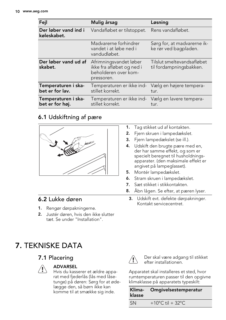 Tekniske data, 1 udskiftning af pære, 2 lukke døren | 1 placering | AEG SKS68240F0 User Manual | Page 10 / 80