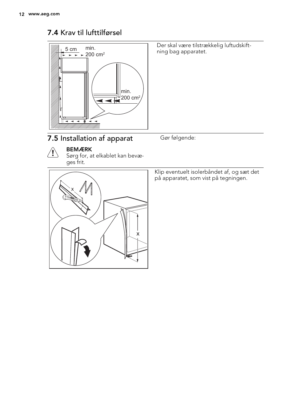 4 krav til lufttilførsel, 5 installation af apparat | AEG SKS68240F0 User Manual | Page 12 / 80