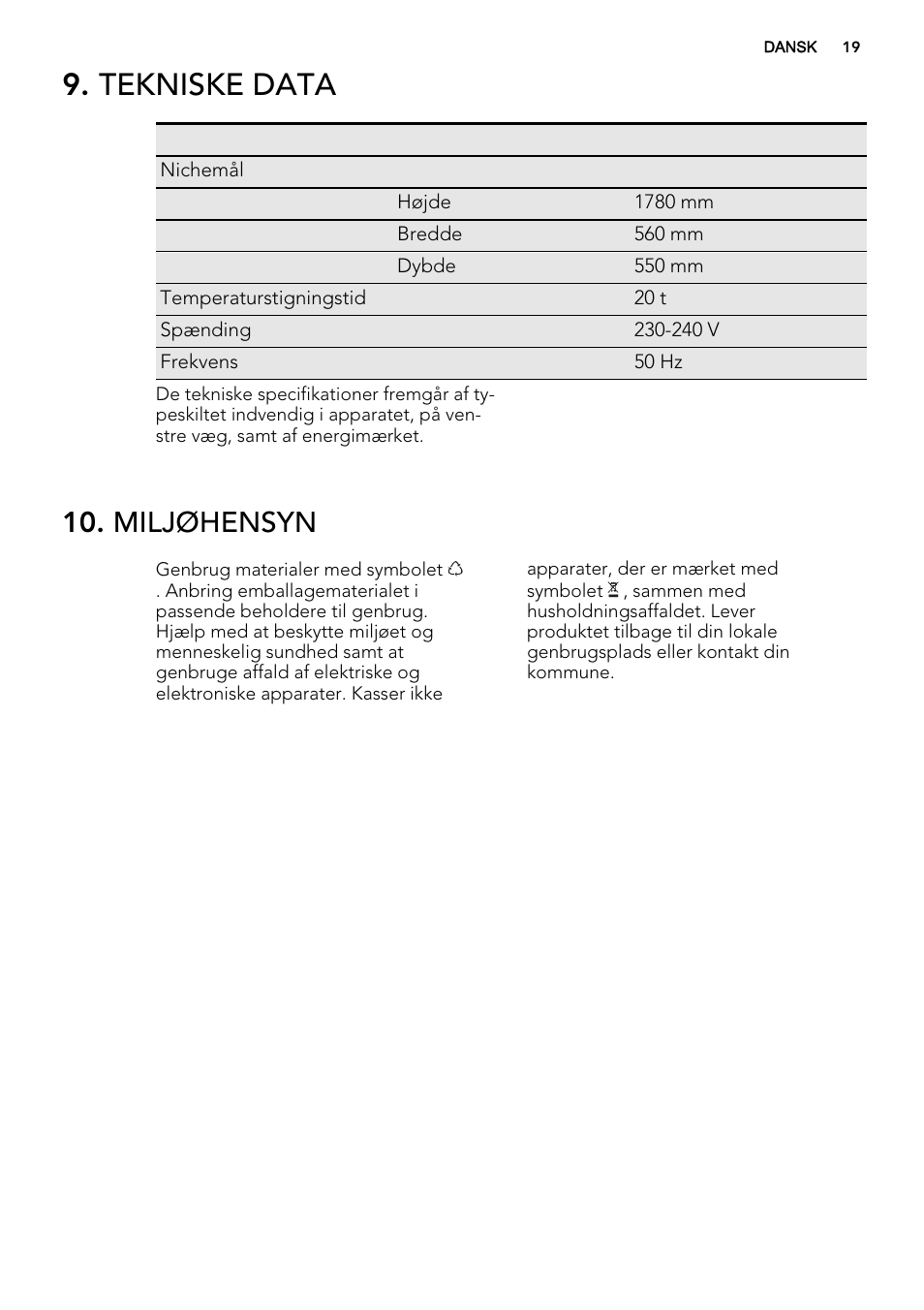 Tekniske data, Miljøhensyn | AEG SKS68240F0 User Manual | Page 19 / 80