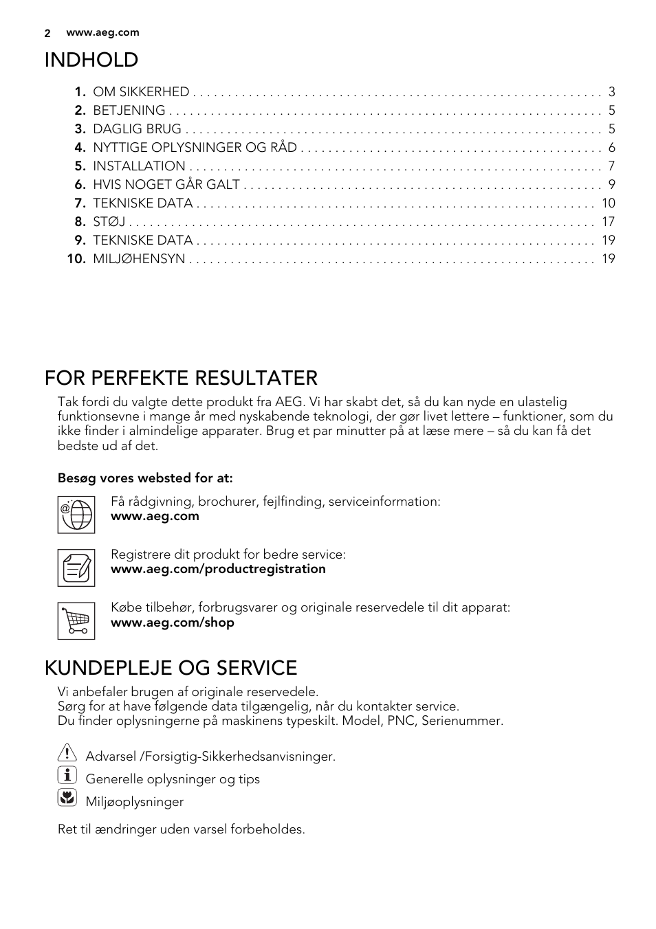 Indhold, For perfekte resultater, Kundepleje og service | AEG SKS68240F0 User Manual | Page 2 / 80