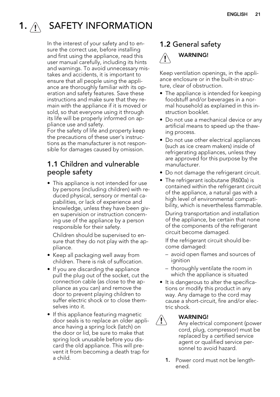 Safety information, 1 children and vulnerable people safety, 2 general safety | AEG SKS68240F0 User Manual | Page 21 / 80