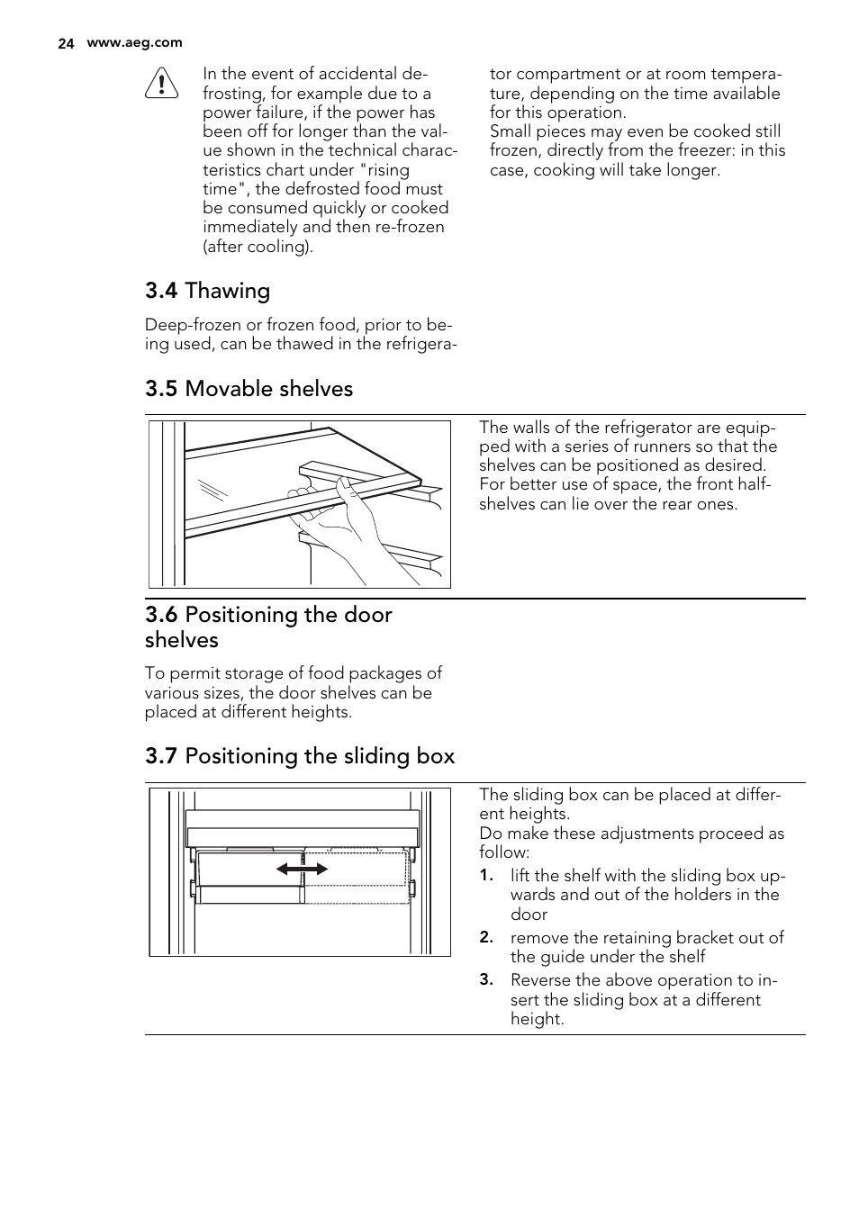 4 thawing, 5 movable shelves, 6 positioning the door shelves | 7 positioning the sliding box | AEG SKS68240F0 User Manual | Page 24 / 80