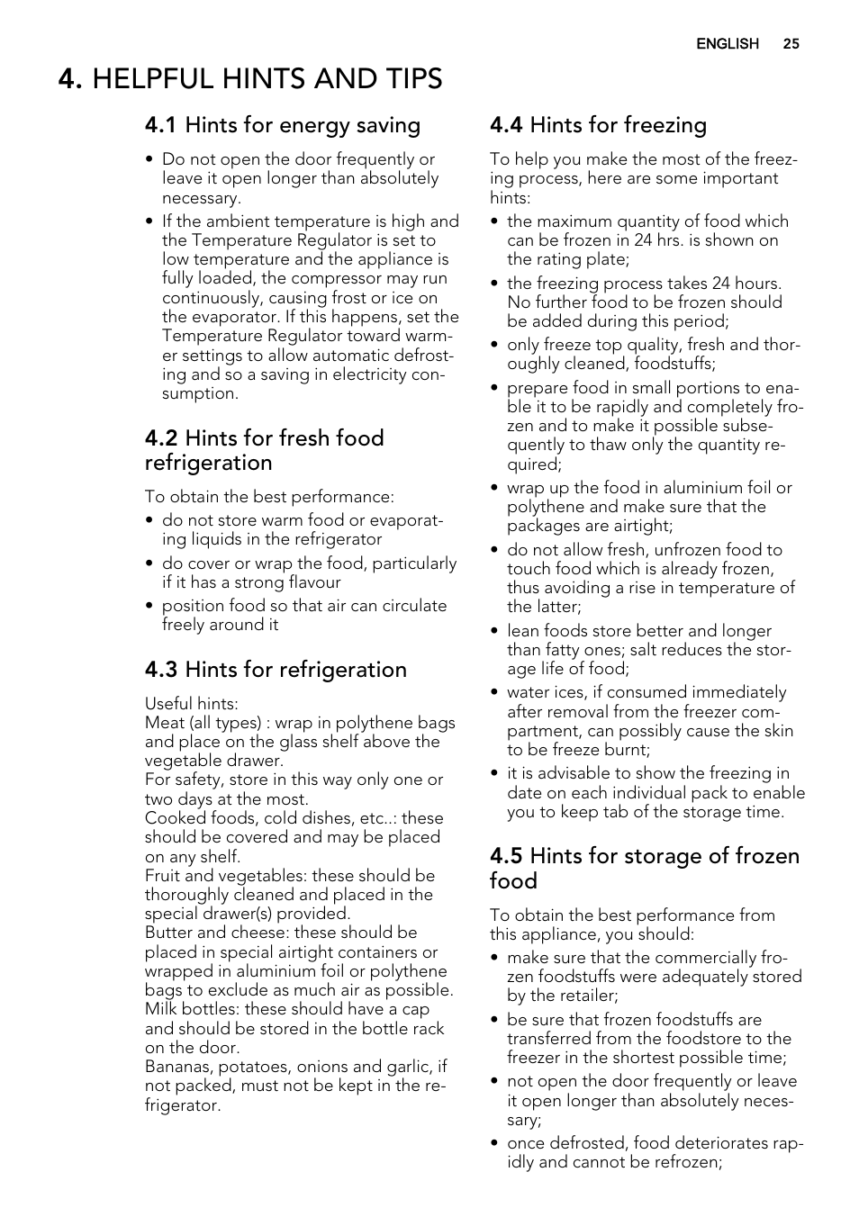 Helpful hints and tips, 1 hints for energy saving, 2 hints for fresh food refrigeration | 3 hints for refrigeration, 4 hints for freezing, 5 hints for storage of frozen food | AEG SKS68240F0 User Manual | Page 25 / 80