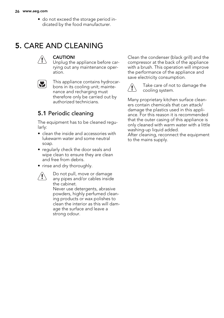 Care and cleaning, 1 periodic cleaning | AEG SKS68240F0 User Manual | Page 26 / 80