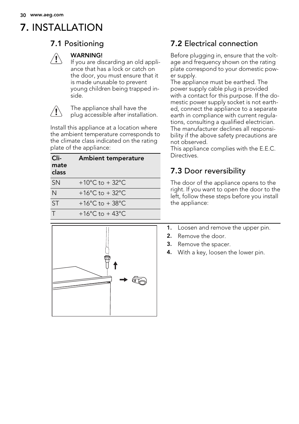 Installation, 1 positioning, 2 electrical connection | 3 door reversibility | AEG SKS68240F0 User Manual | Page 30 / 80