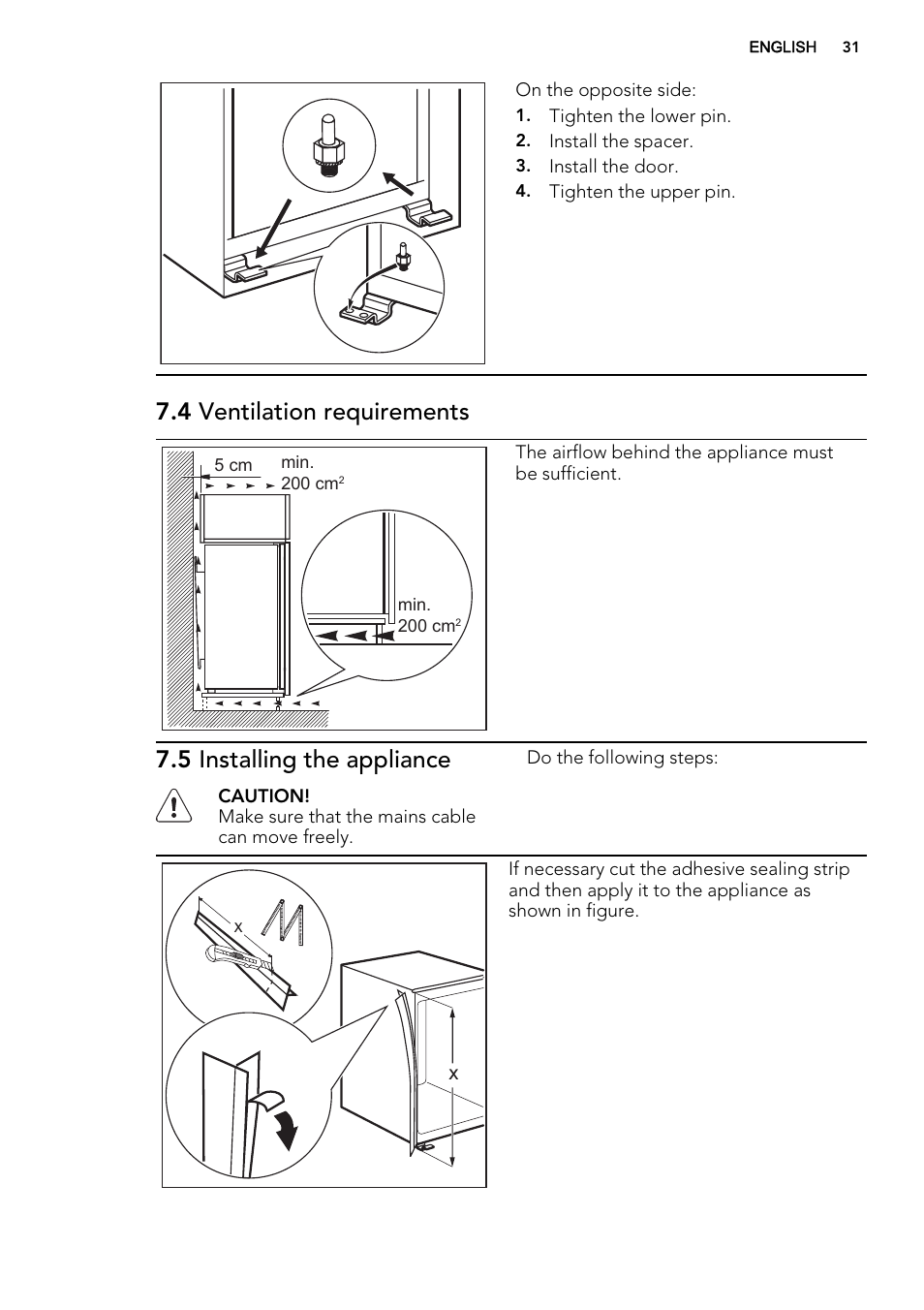 4 ventilation requirements, 5 installing the appliance | AEG SKS68240F0 User Manual | Page 31 / 80