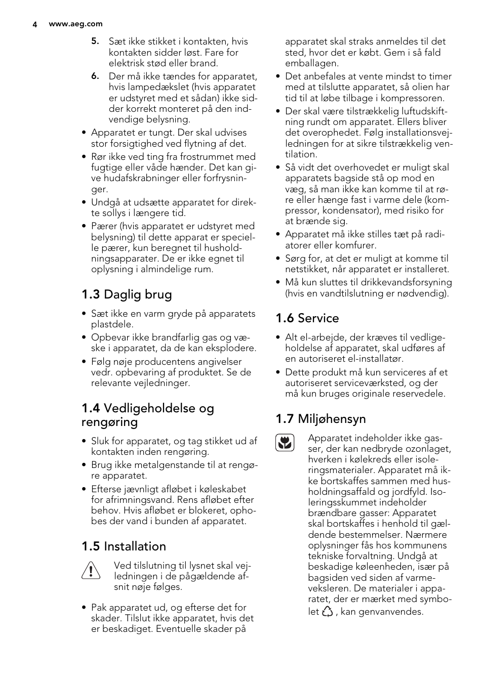 3 daglig brug, 4 vedligeholdelse og rengøring, 5 installation | 6 service, 7 miljøhensyn | AEG SKS68240F0 User Manual | Page 4 / 80